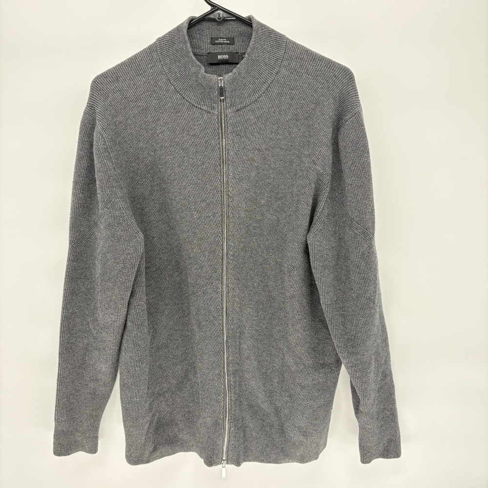 Hugo Boss Slim Fit Wool Blend Zip Up Sweater Gray Ribbed Knit Y2K Luxury Men 2XL